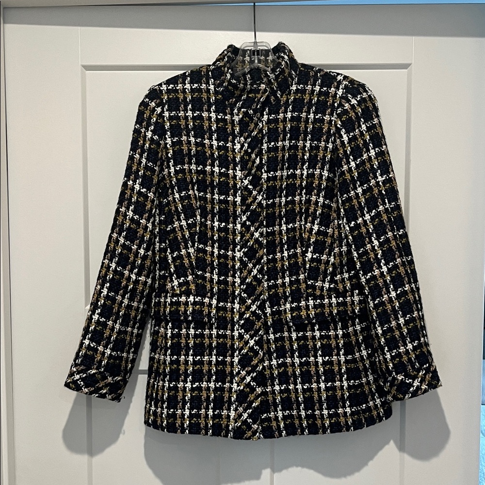 Ann Taylor Navy Blue, Gold and White Plaid Blazer